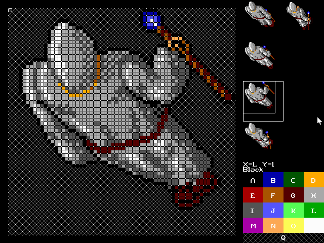 Editing a game character in Master GFX 16. Creating a character is the most time consuming animation to draw &ndash; each character requires animation in all 4 directions, with 5 animation frames for each direction. The best way to draw a character is to first draw an outline using polygons as a guide, and then colouring over it later on. Walking up and left uses the same graphics since you only see the back of the character, whereas walking down and right share the front view of the character. You can rotate the images of a character walking up counter clockwise to get all of the images for walking left.